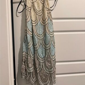 Sequin Scallop Dress in Cream, Blue, and Tan